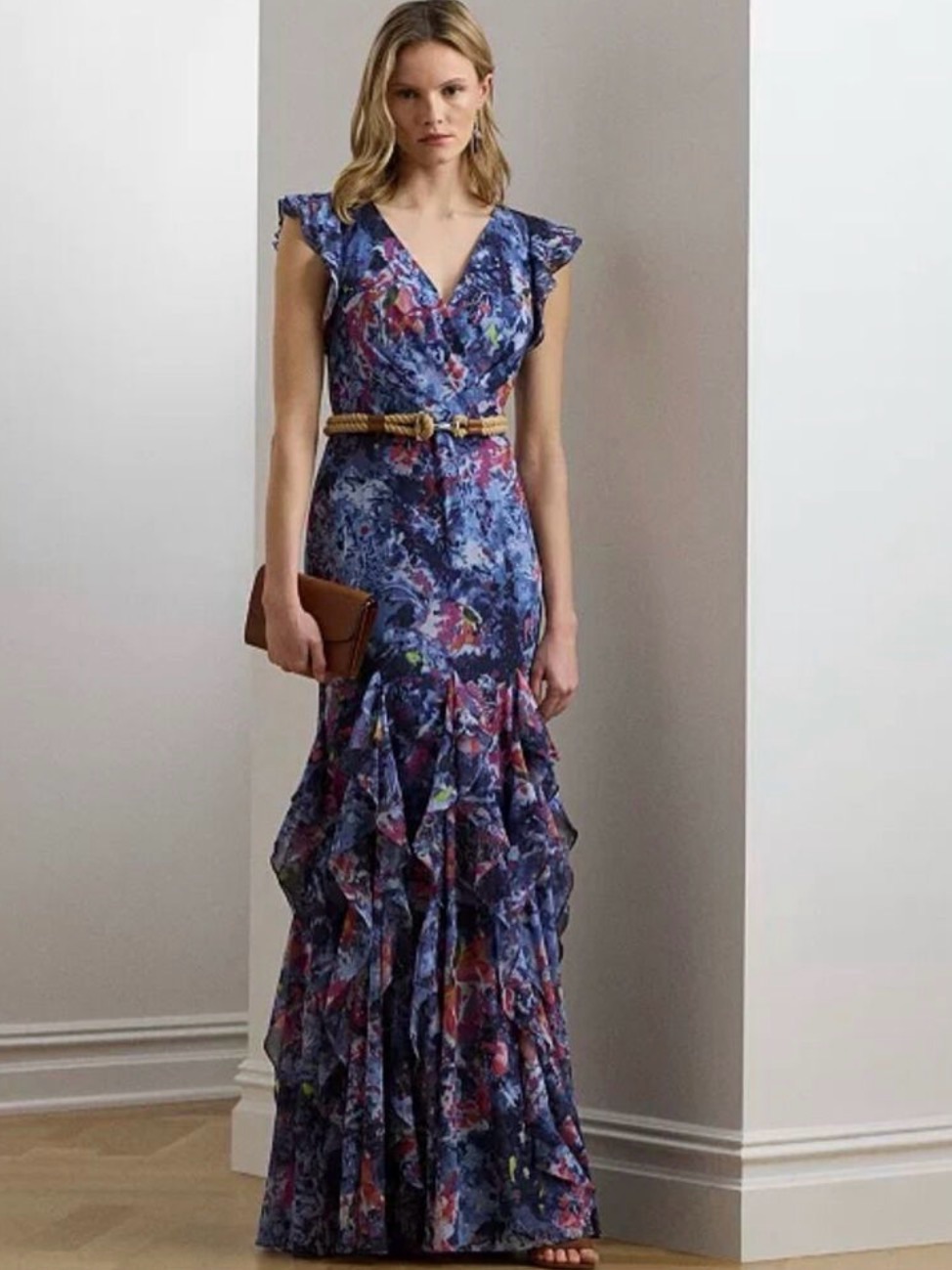 Lauren Ralph Lauren Navy Floral Ruffled Maxi Dress